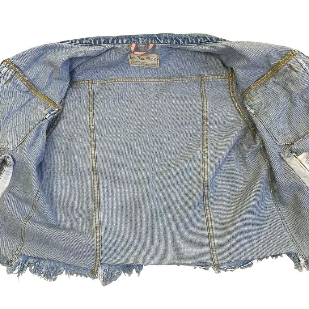 FP We The Free Sz S Indira Raw Hem Cropped Denim Jacket Retro Streetwear Casual